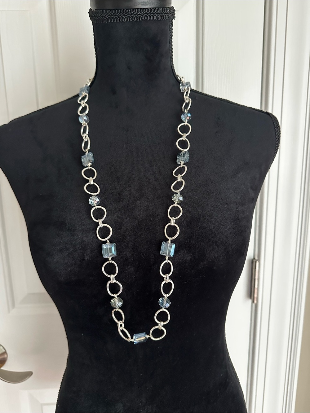 Long Blue Glass Bead Hammered Ring Link Layering Necklace